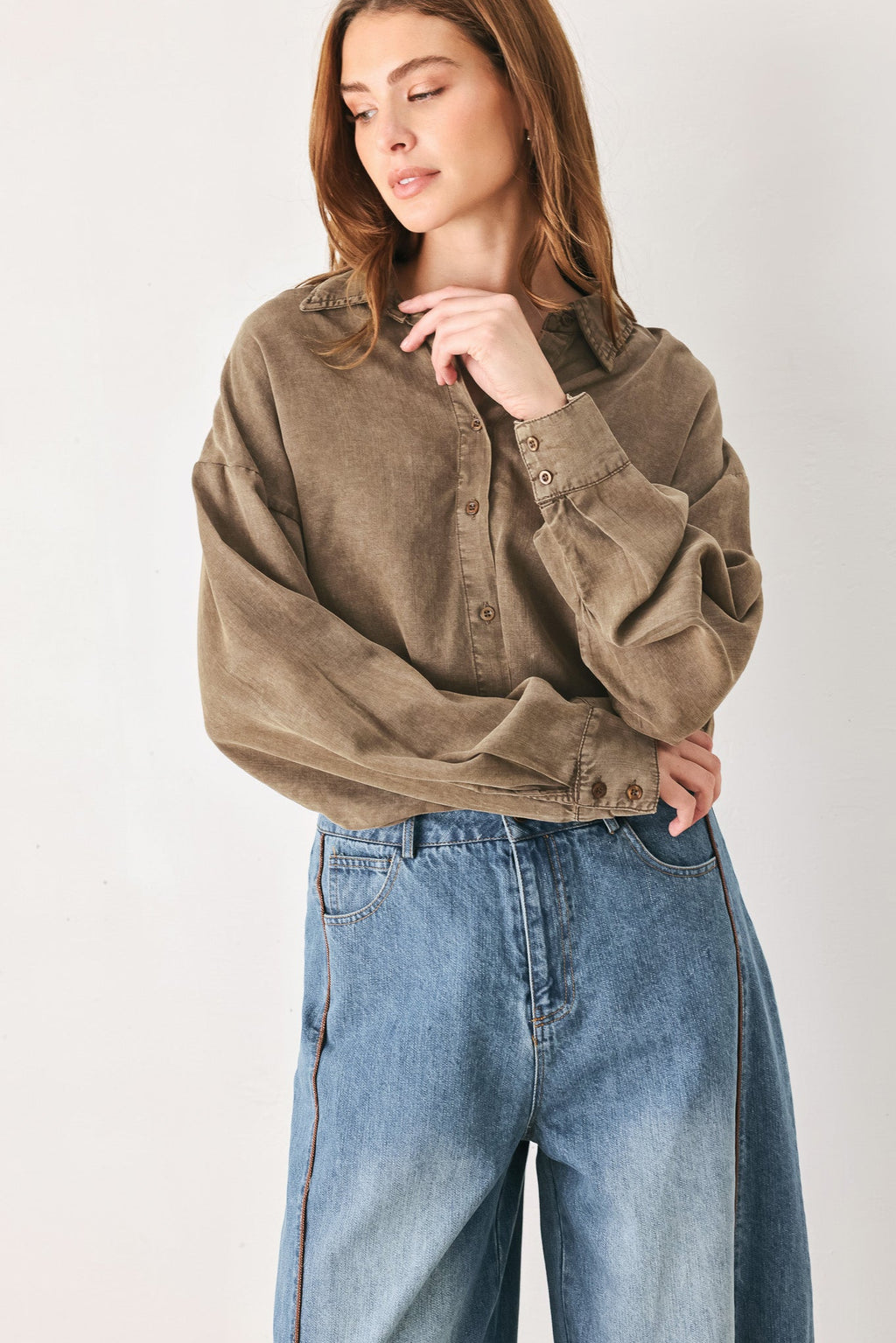 Brown button-down collared bodysuit - view 5