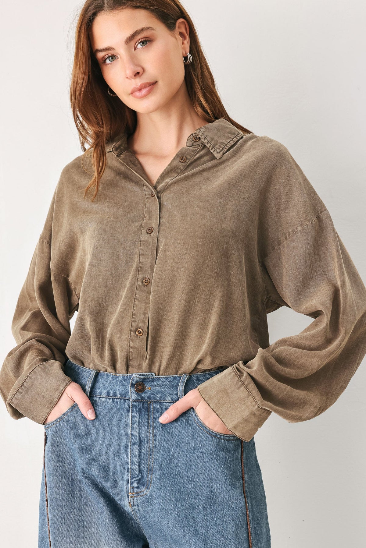 Brown button-down collared bodysuit - view 2