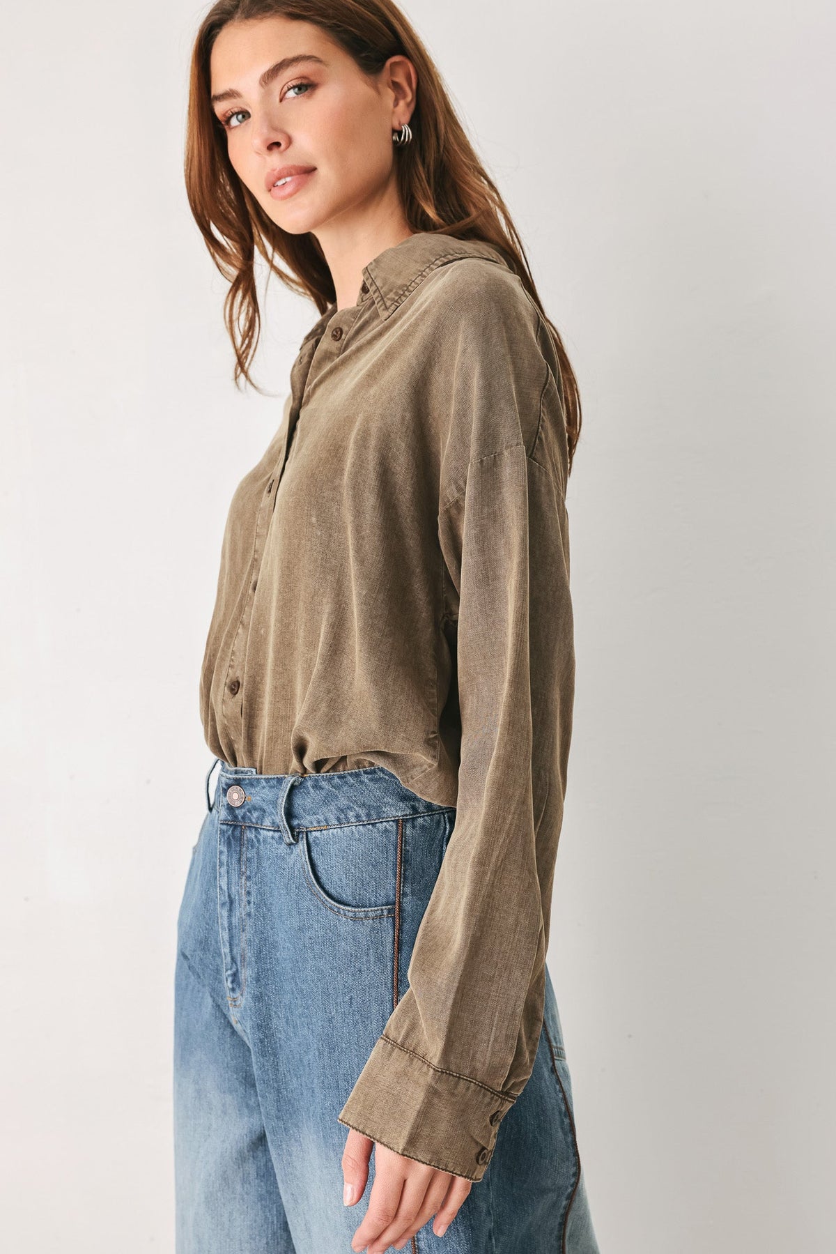 Brown button-down collared bodysuit - view 4