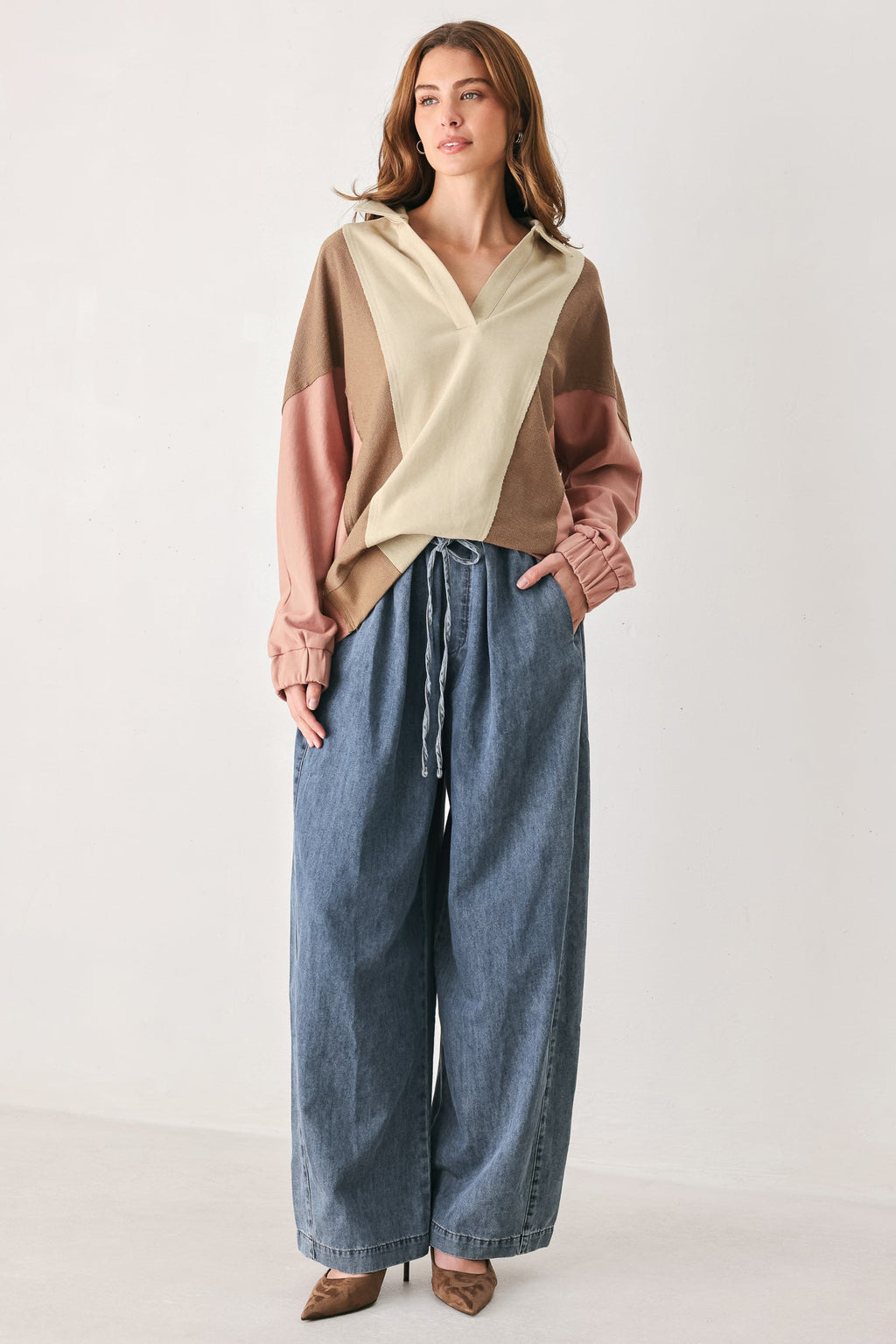 Taupe multi color block knit top - view 3