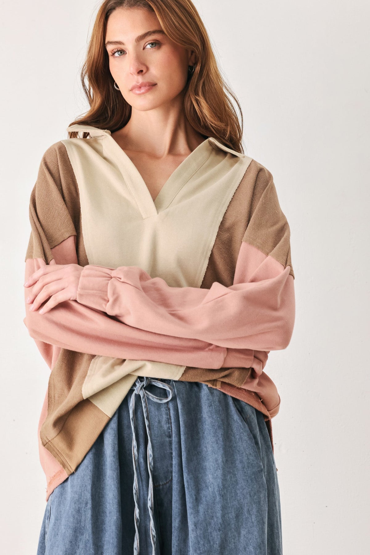 Taupe multi color block knit top - view 6
