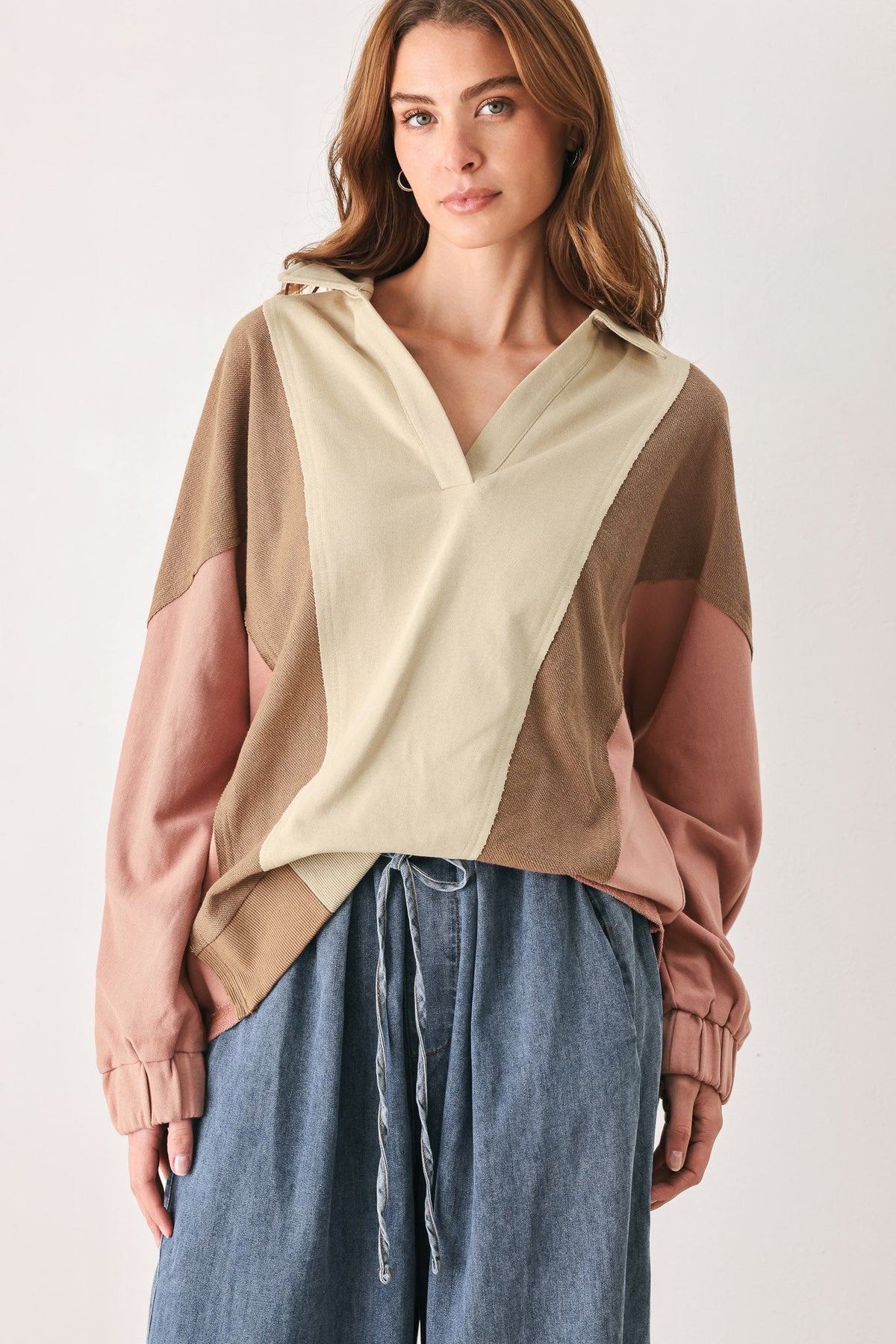 Taupe multi color block knit top - view 2