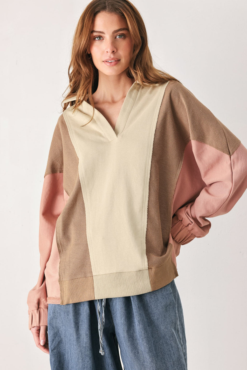 Taupe multi color block knit top - view 4