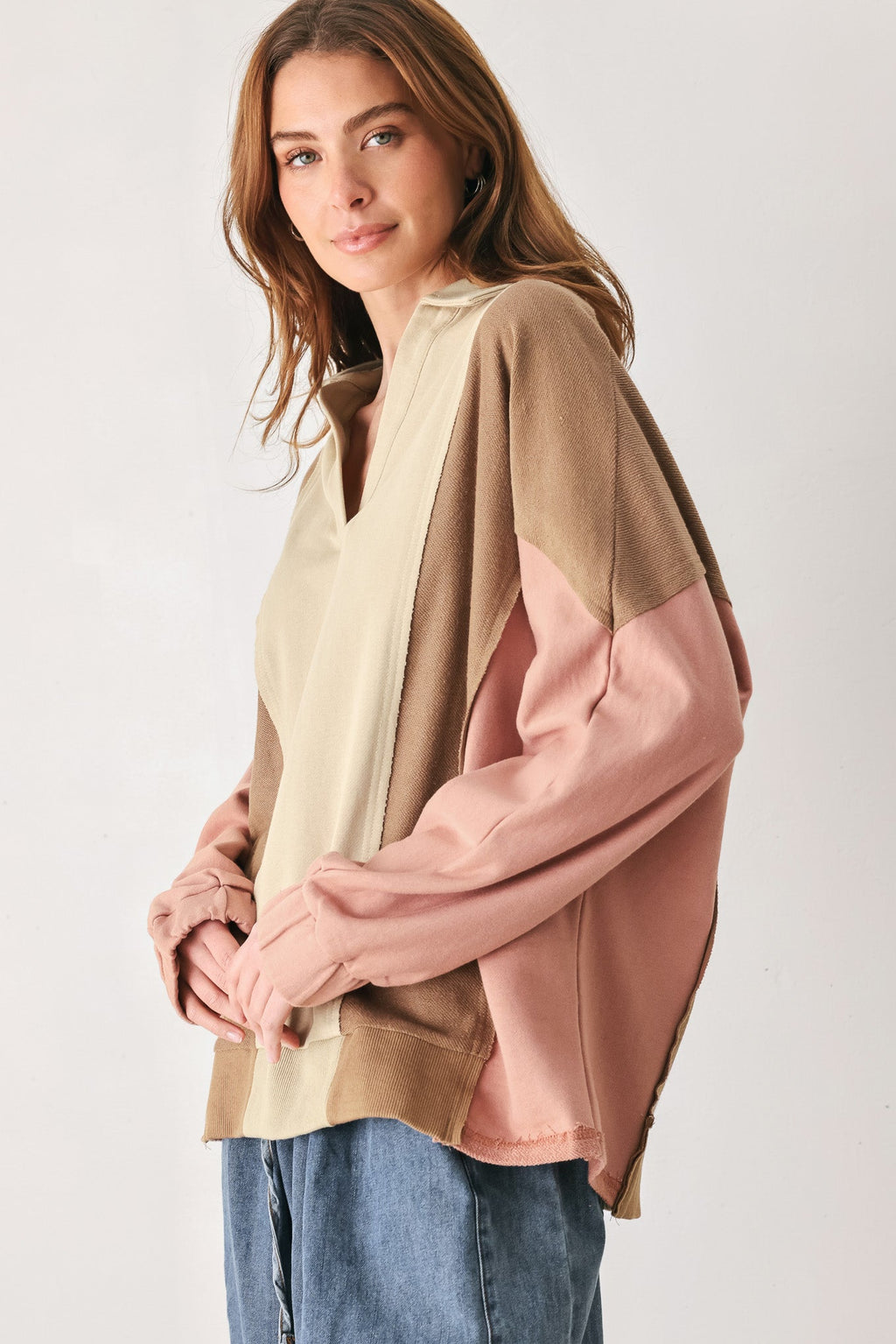 Taupe multi color block knit top - view 5
