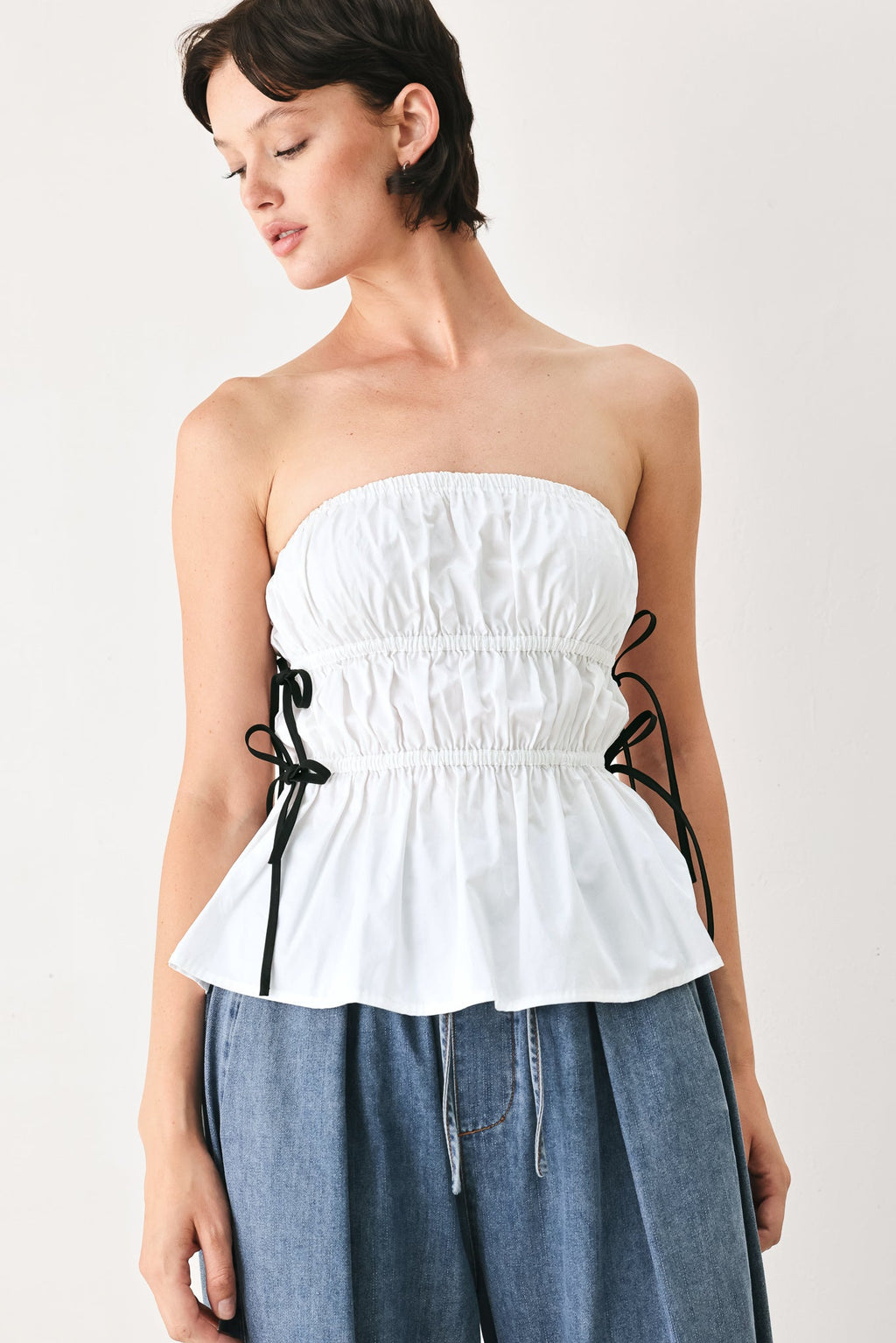 Beach Club Woven Strapless Top - strapless bow tie top, view 1