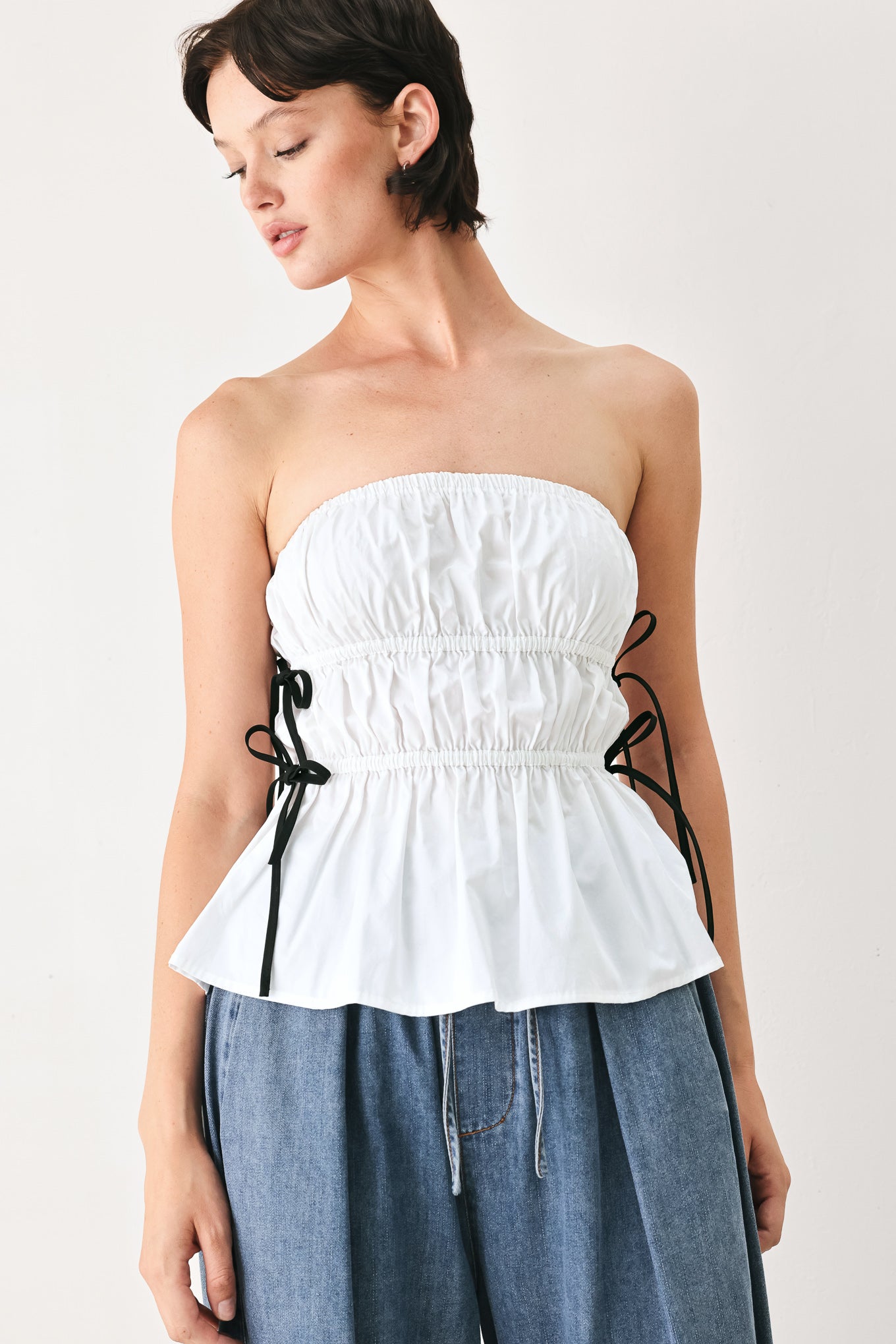 Beach Club Woven Strapless Top - strapless bow tie top, view 1