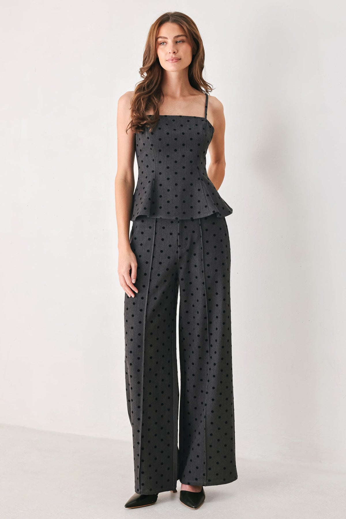 Charcoal polka dot peplum top - view 3