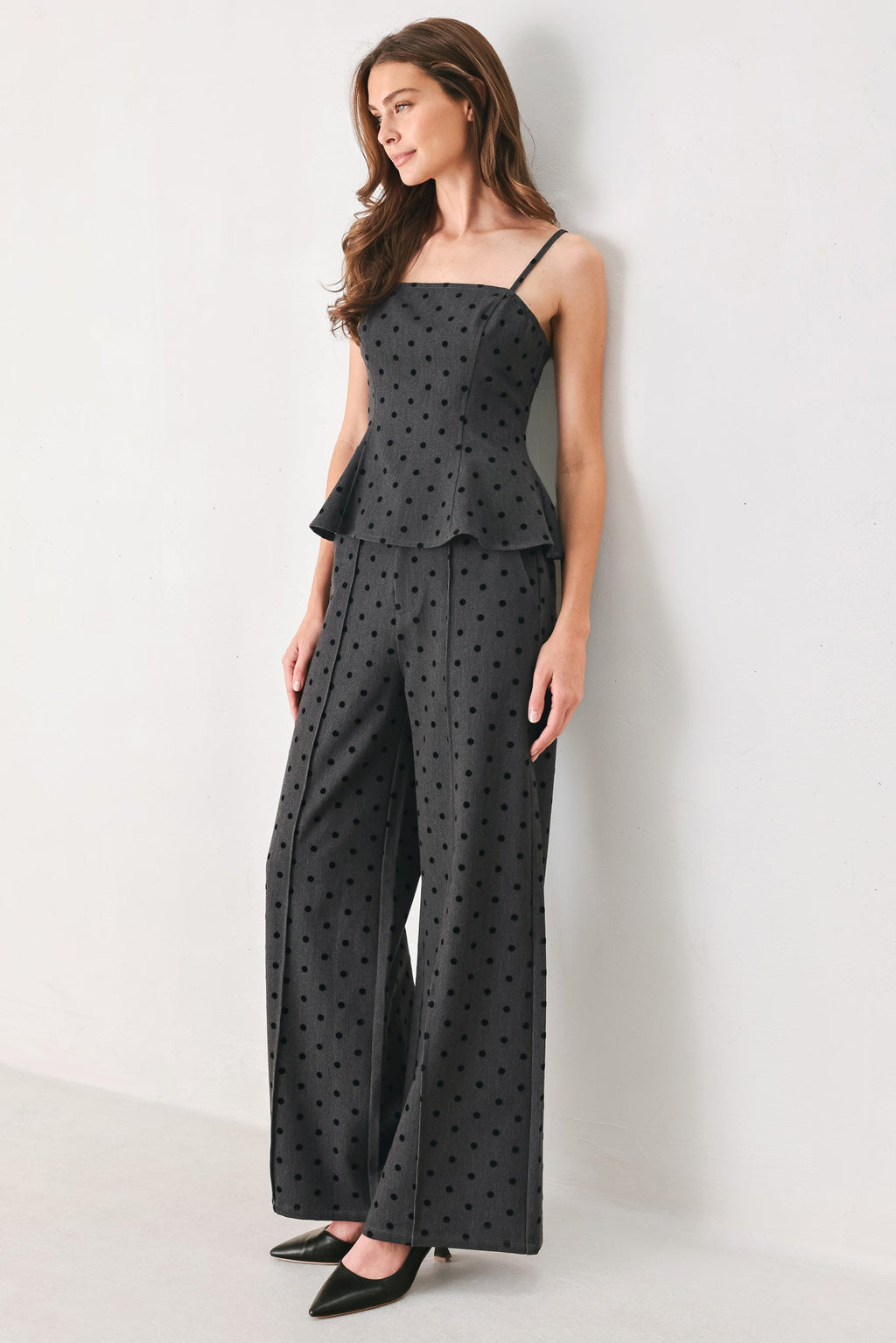 Charcoal polka dot peplum top - view 5