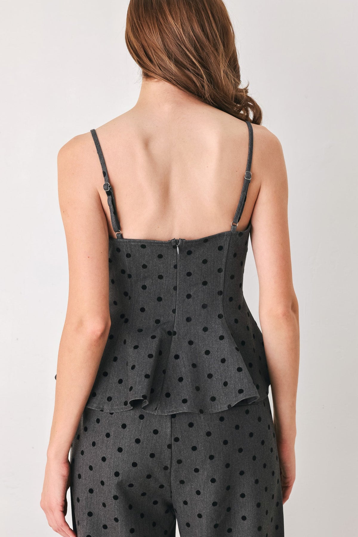 Charcoal polka dot peplum top - view 6