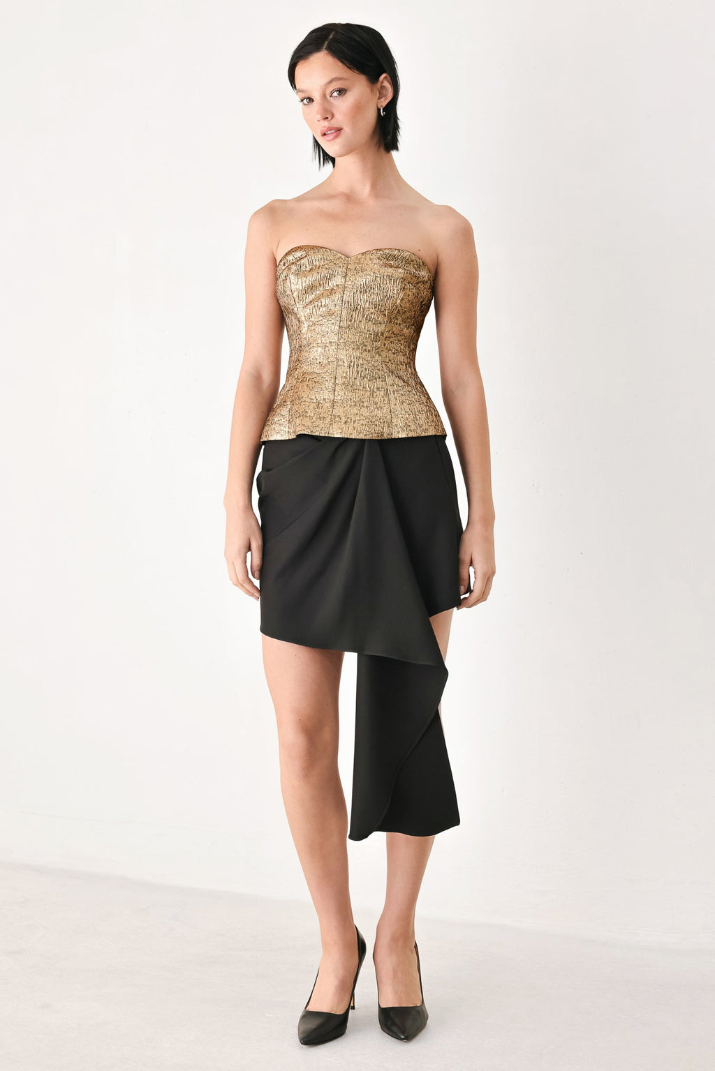 Metallic Gold Sweetheart Tube Top in gold metallic, styled view