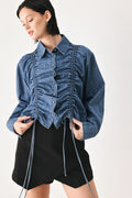 Casual Encounter Indigo Ruched Denim Button-Down Top - front view