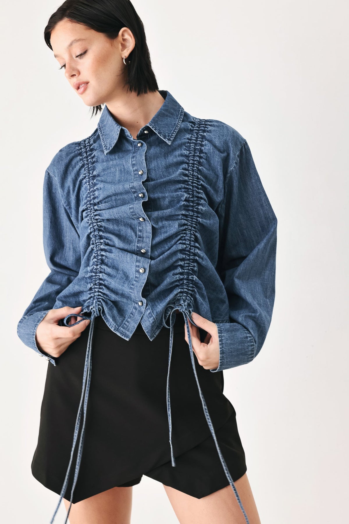 Casual Encounter Indigo Ruched Denim Button-Down Top - front view