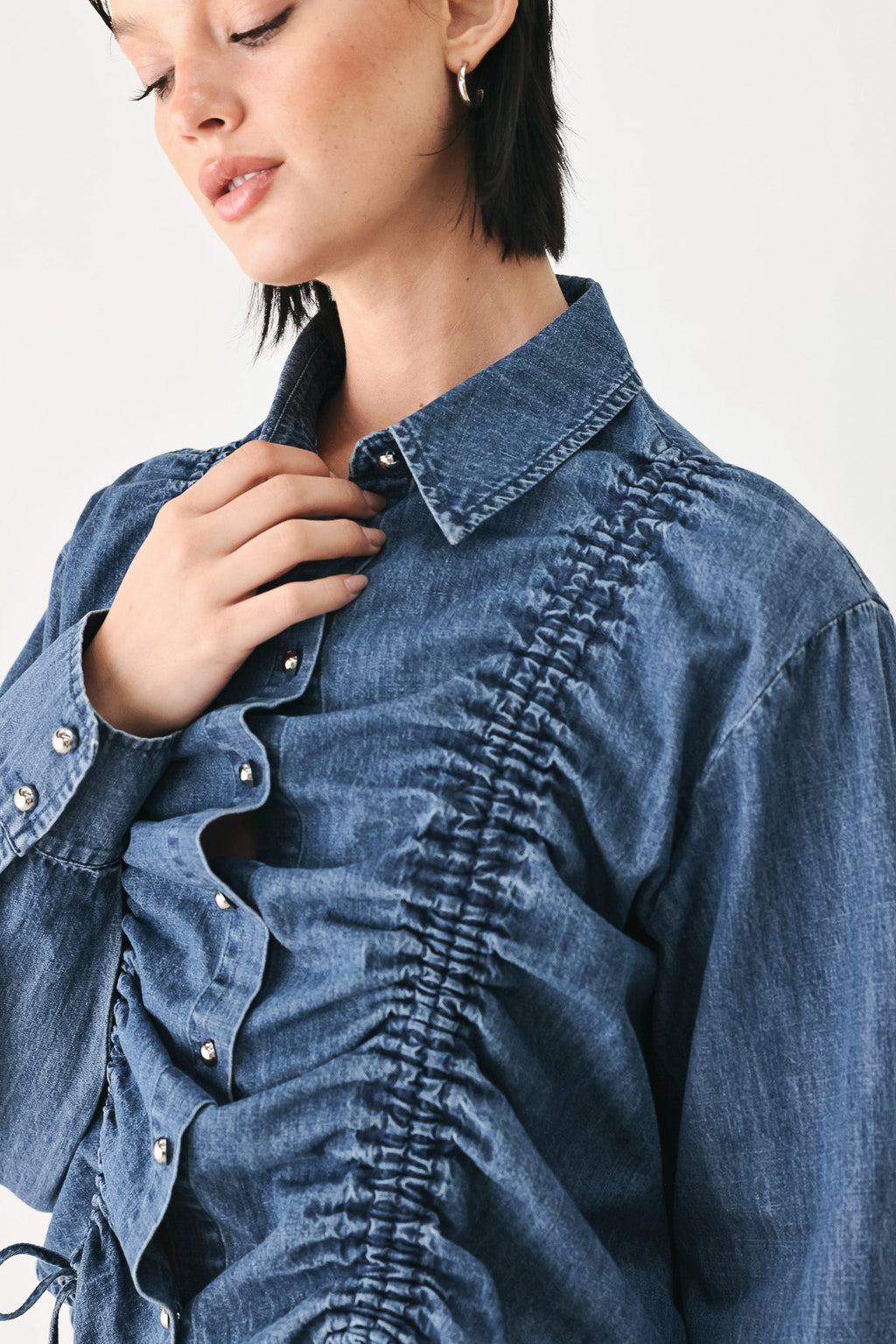 Casual Encounter Indigo Ruched Denim Button-Down Top - detail view