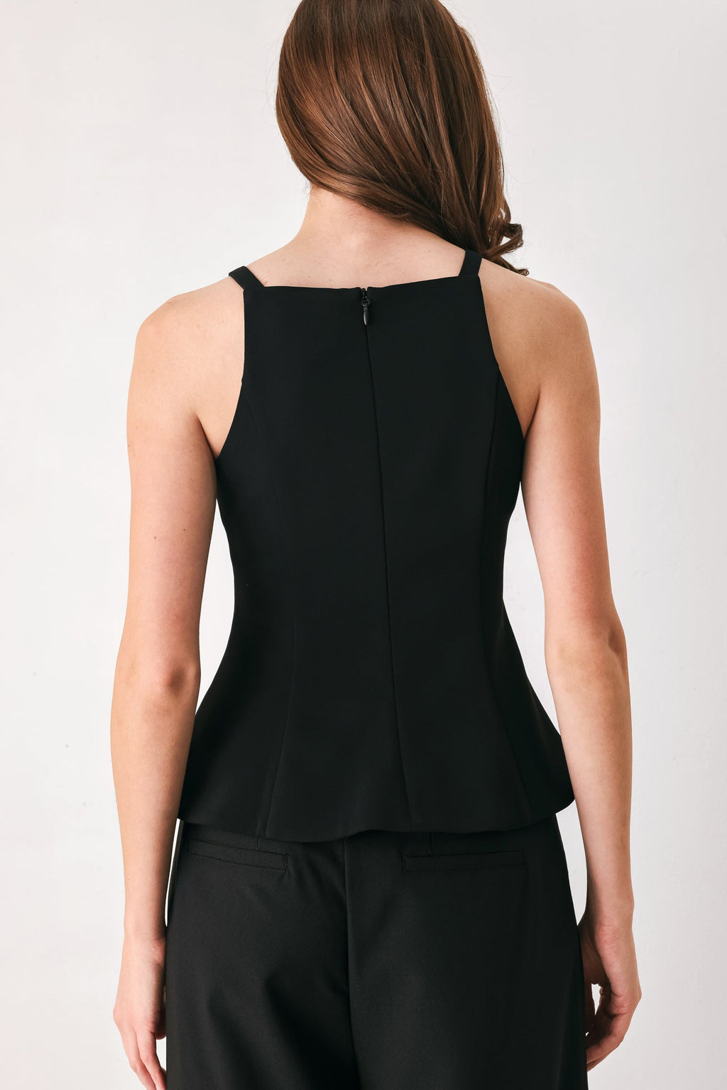 Rhinestone Bow Halter Peplum Top in black, close-up detail