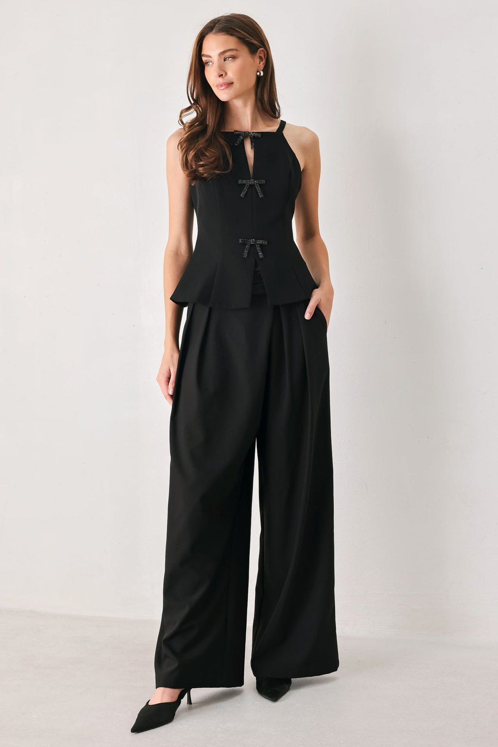 Rhinestone Bow Halter Peplum Top in black, alternate view