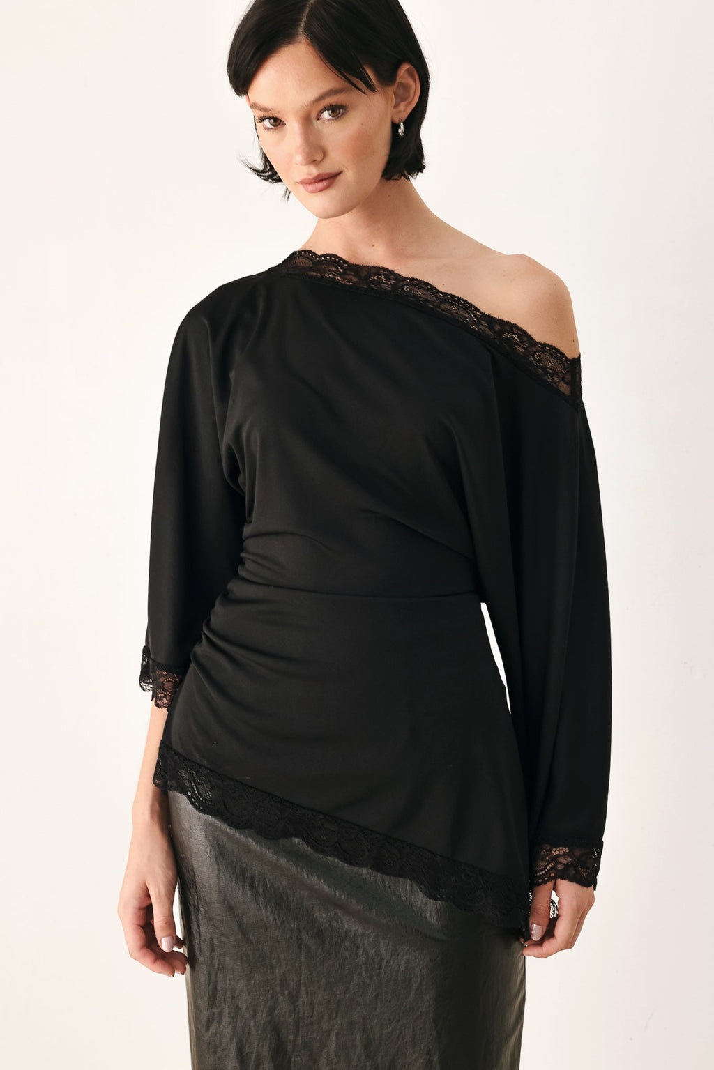 After Hours Lace Trim Asymmetrical Top in black - detail view