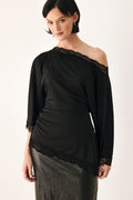 After Hours Lace Trim Asymmetrical Top in black - detail view