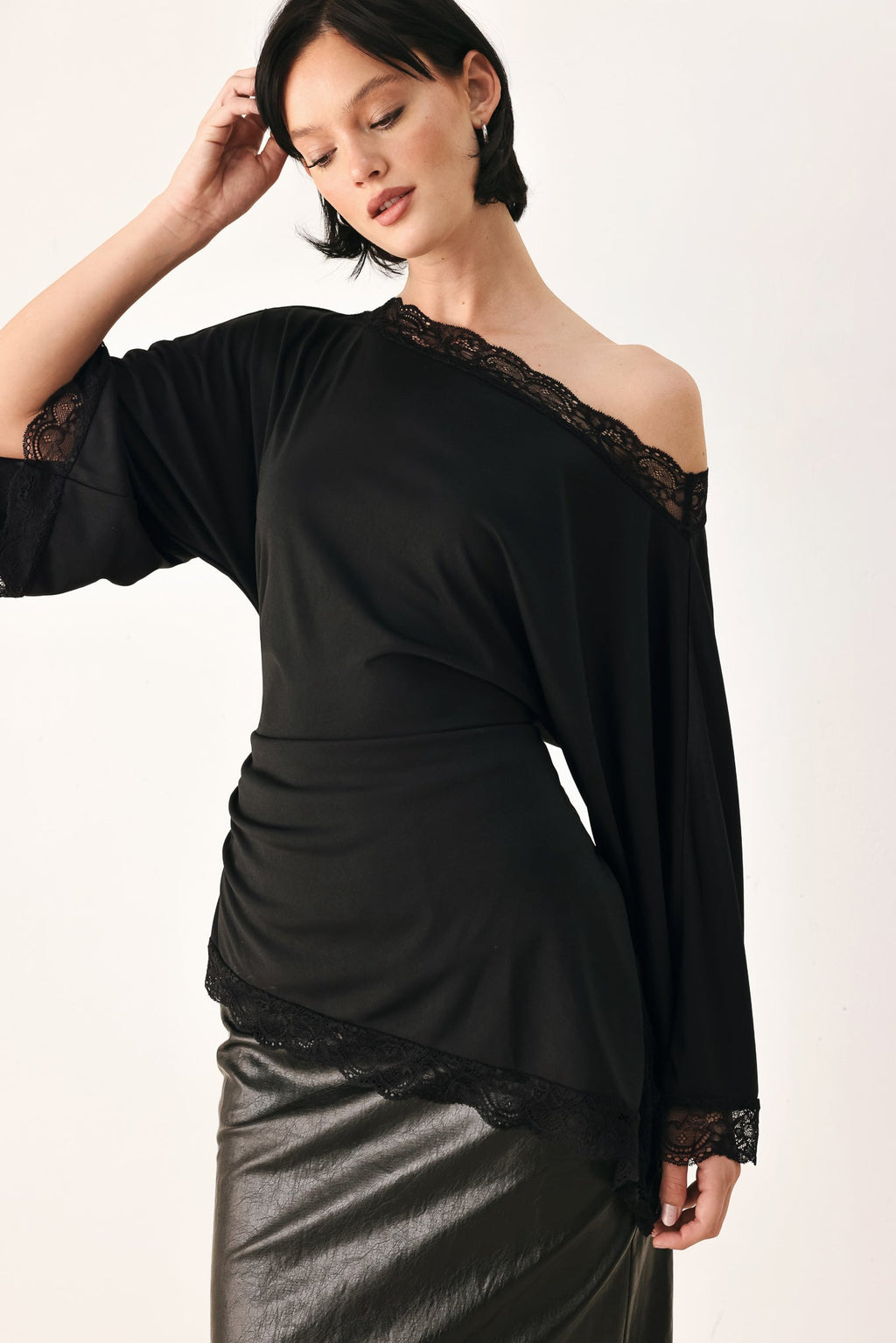 After Hours Lace Trim Asymmetrical Top