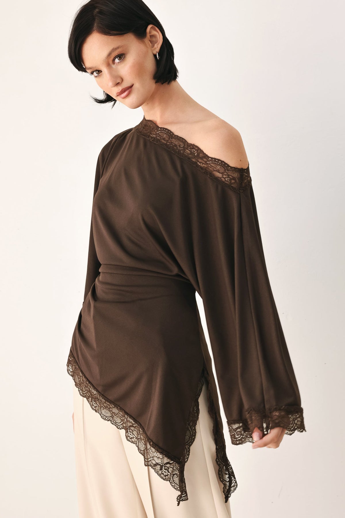 After Hours Lace Trim Asymmetrical Top - front view