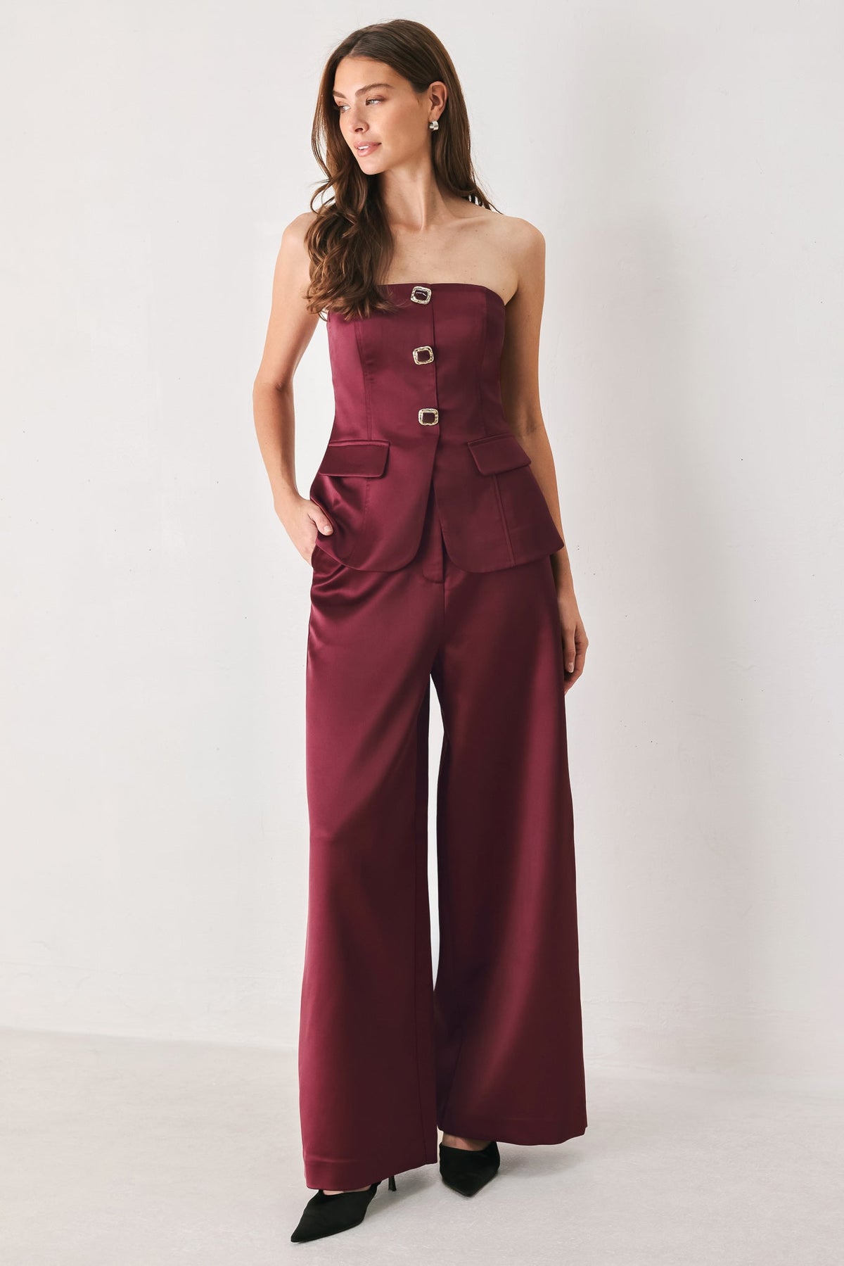 Strapless button top in burgundy and black - view 4