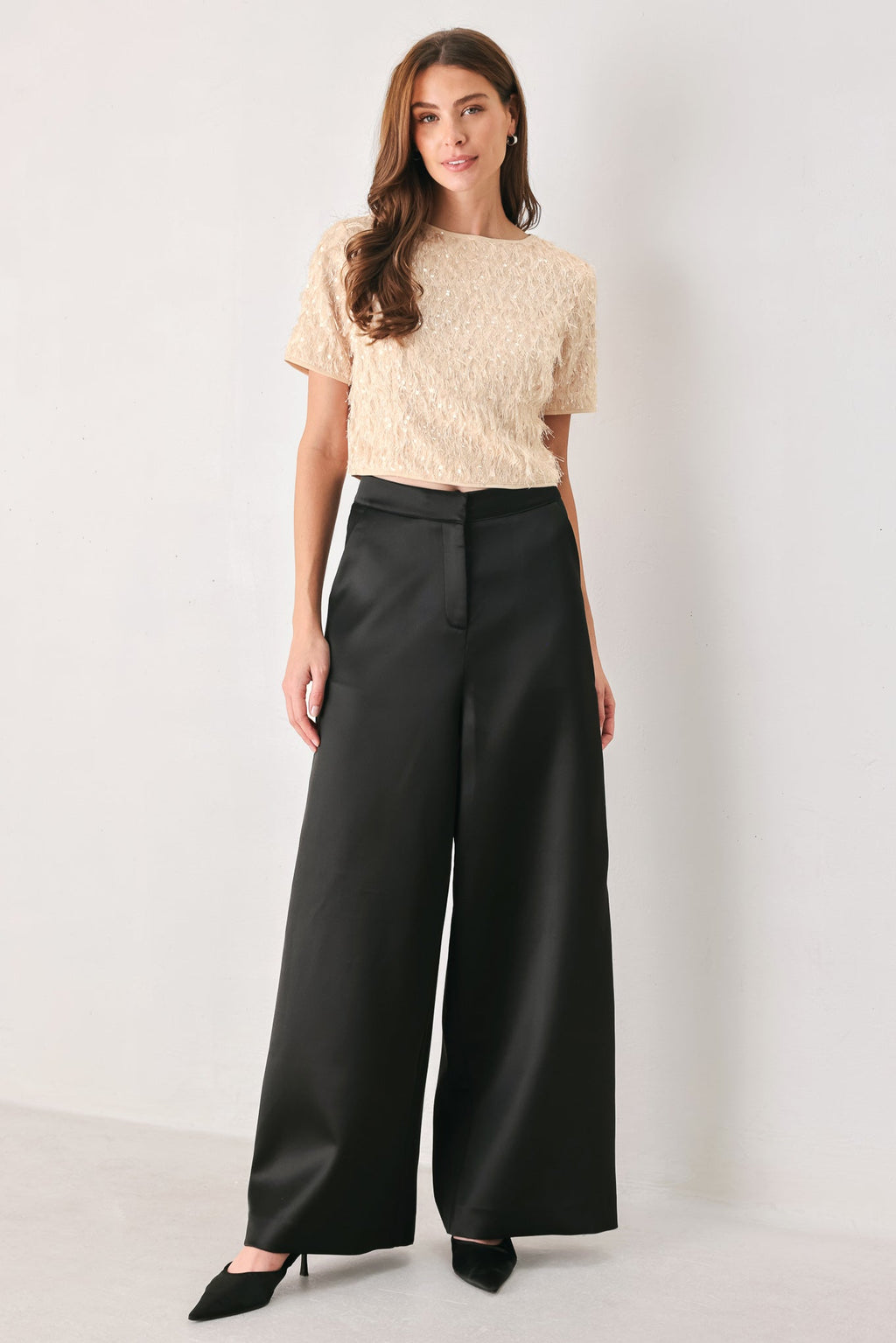 Sequin Eyelash Mesh Cropped Top in champagne, styled view