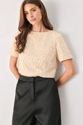 Sequin Eyelash Mesh Cropped Top in champagne, front view