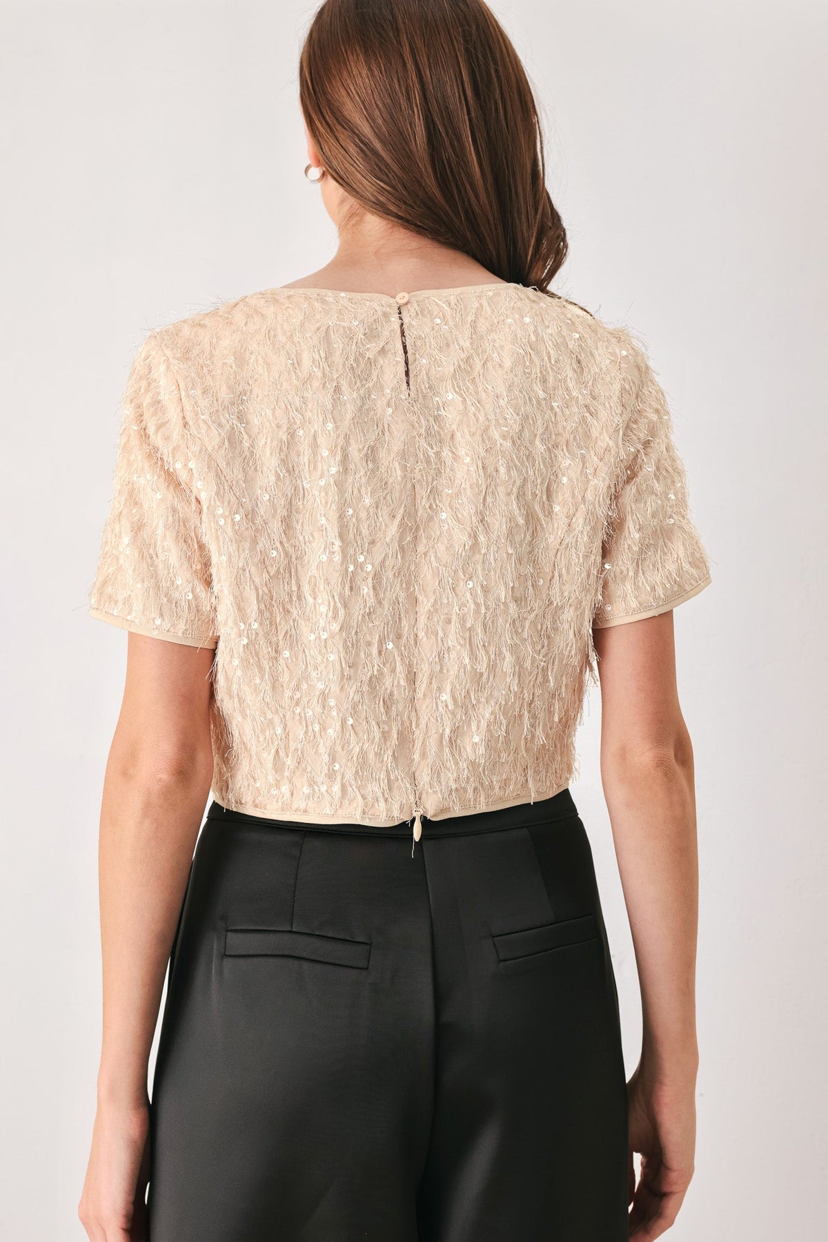 Sequin Eyelash Mesh Cropped Top in champagne, close-up detail