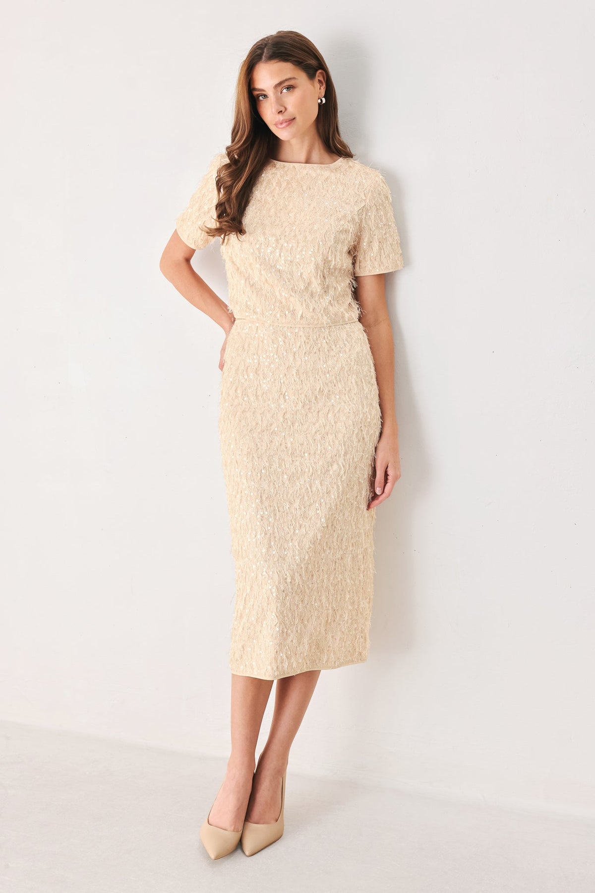 Sequin Eyelash Mesh Cropped Top in champagne, side view