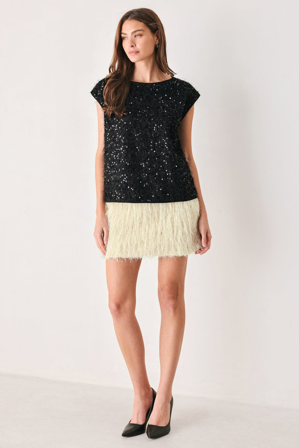 Sequin fringe sleeveless top in off white and black - view 10