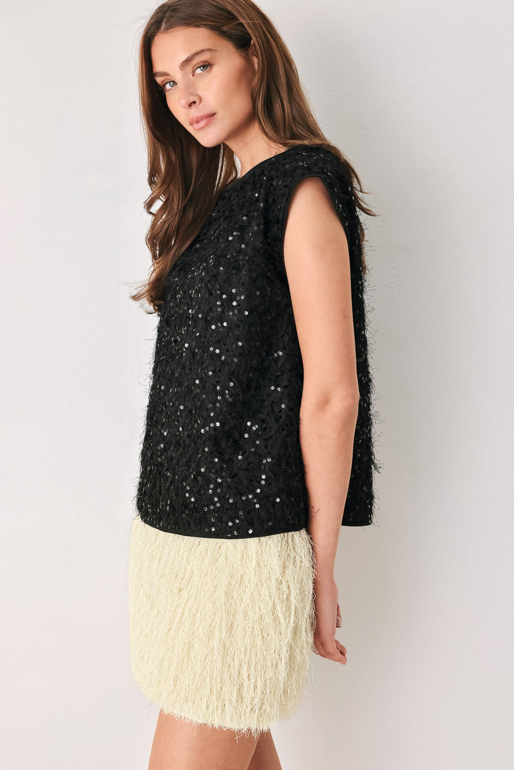 Sequin fringe sleeveless top in off white and black - view 12