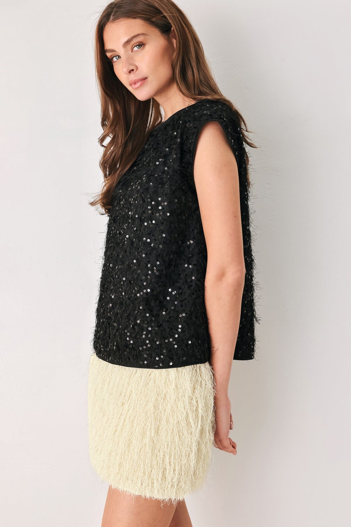 Sequin fringe sleeveless top in off white and black - view 12