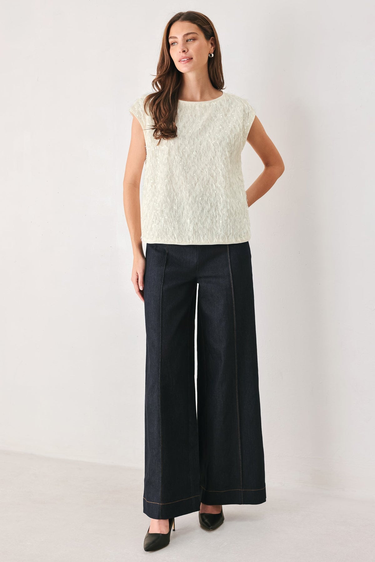 Sequin fringe sleeveless top in off white and black - view 3