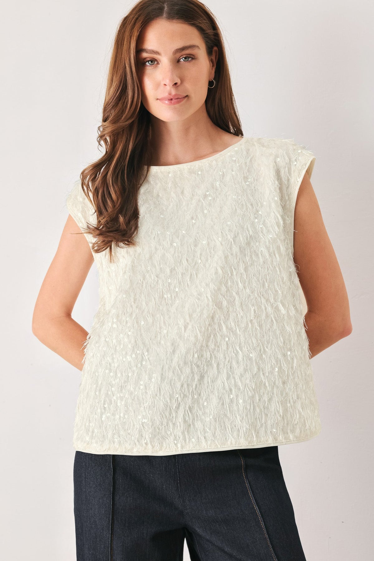 Sequin fringe sleeveless top in off white and black - view 1