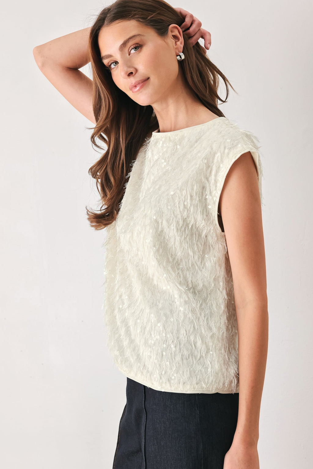 Sequin fringe sleeveless top in off white and black - view 5