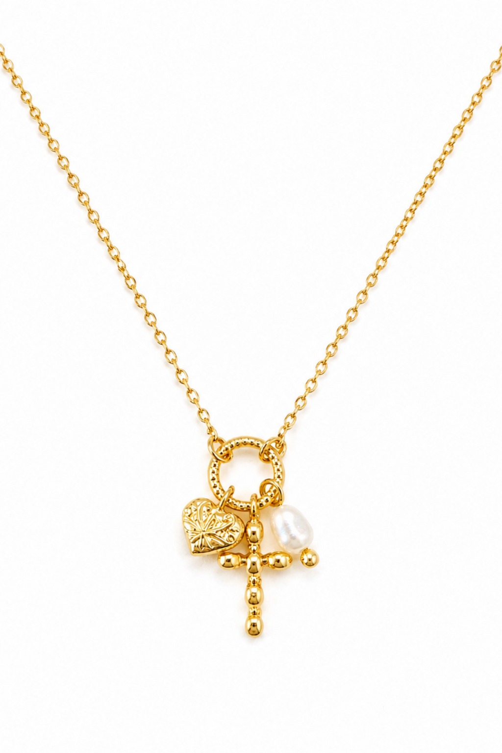 Faith and Love Charm Necklace with heart cross and pearl charms - gold tone