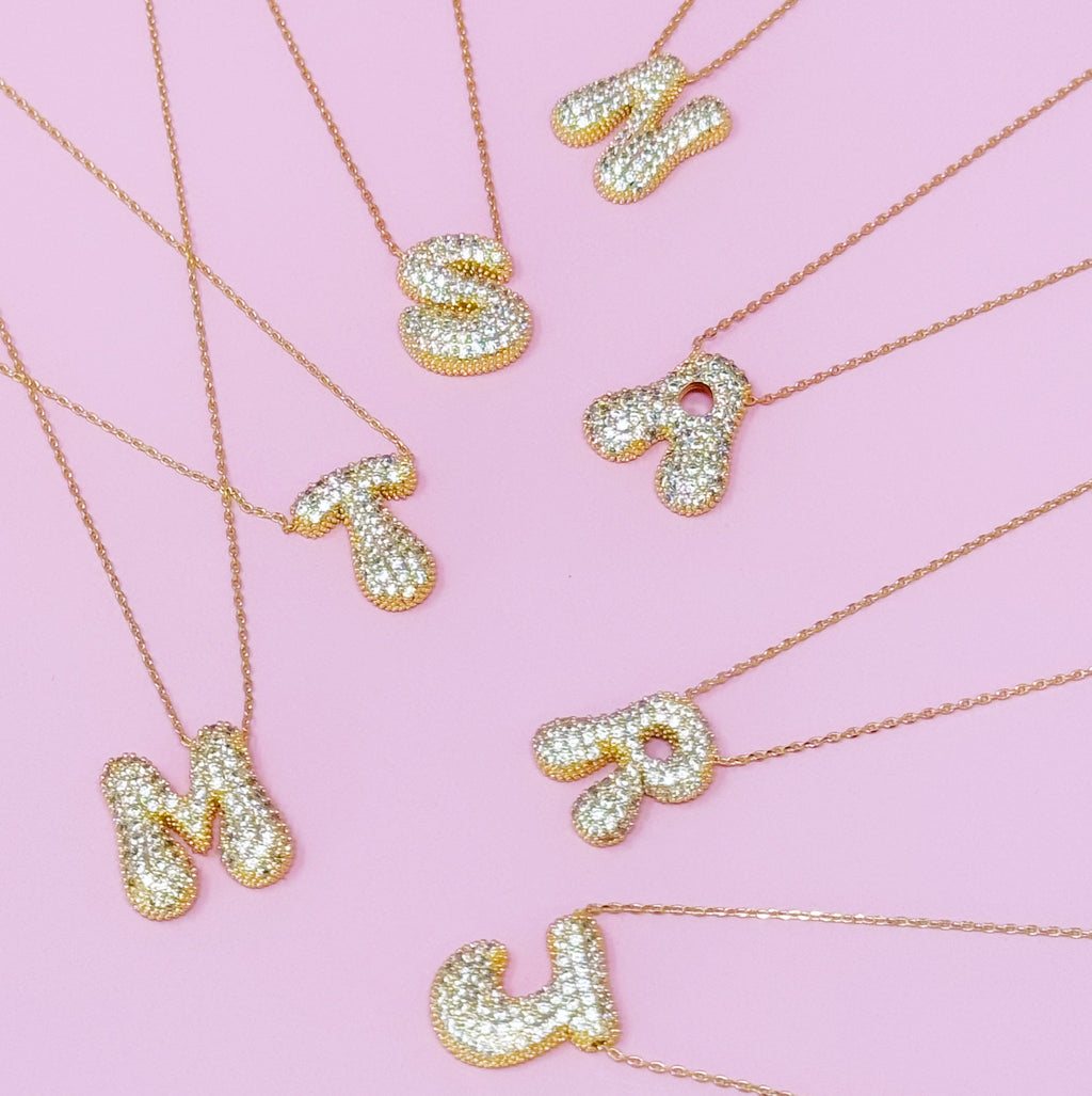 Crystal Bubble Initial Necklace - styled on model