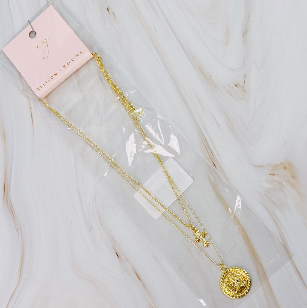 Cross And Coin Layered Necklace - flat lay view