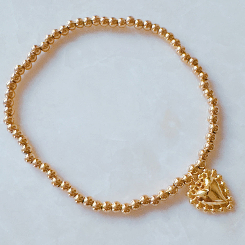 Golden Ball Single Charm Stretch Bracelet - Lucky Clover and Clustered Heart charms