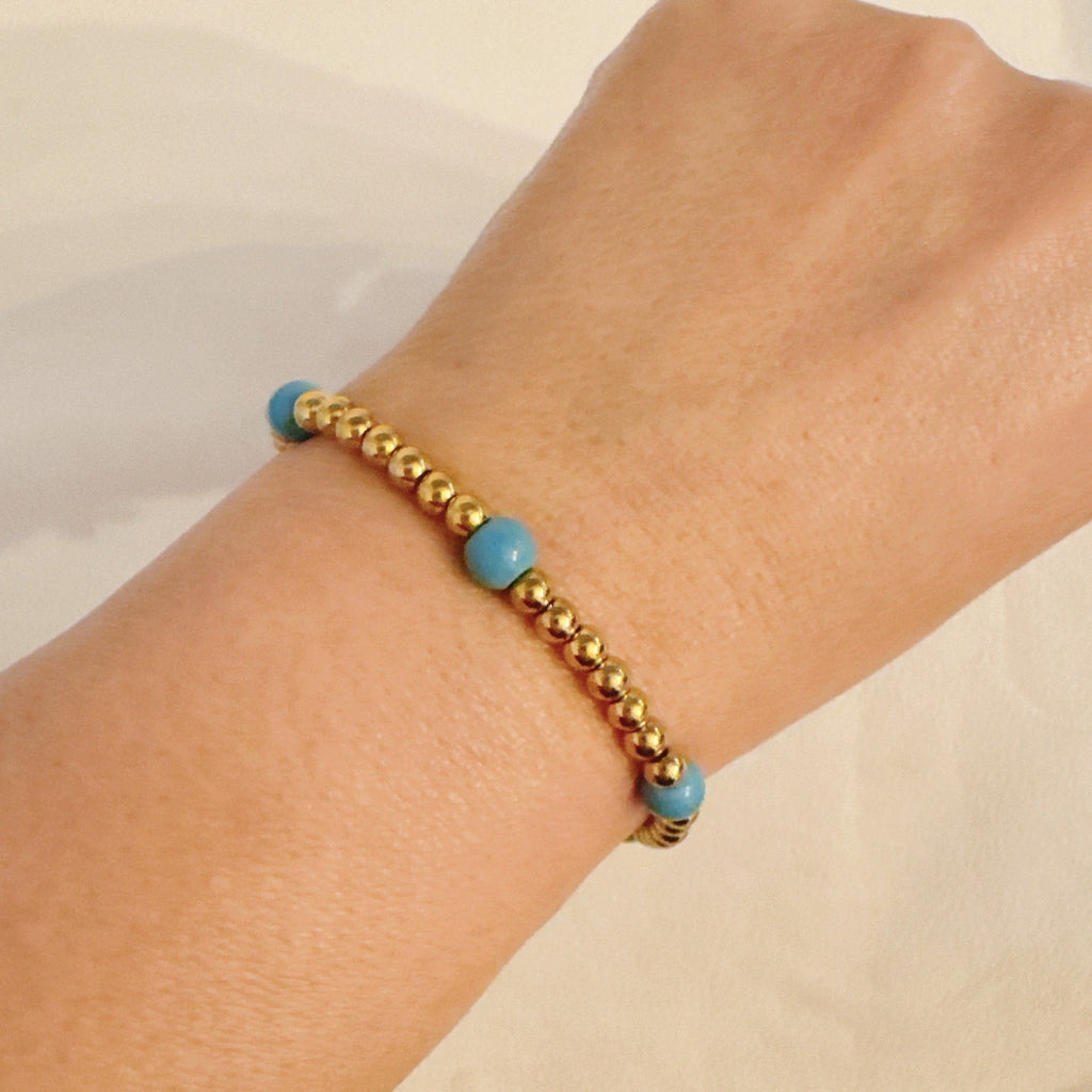 Golden Beads Stone Stretch Bracelet in Coral Pink