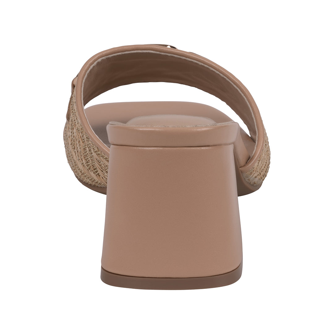 Nude heeled sandals featuring a sturdy block heel and cushioned footbed