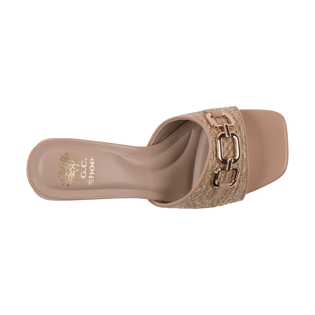 Nude heeled sandals featuring a sturdy block heel and cushioned footbed