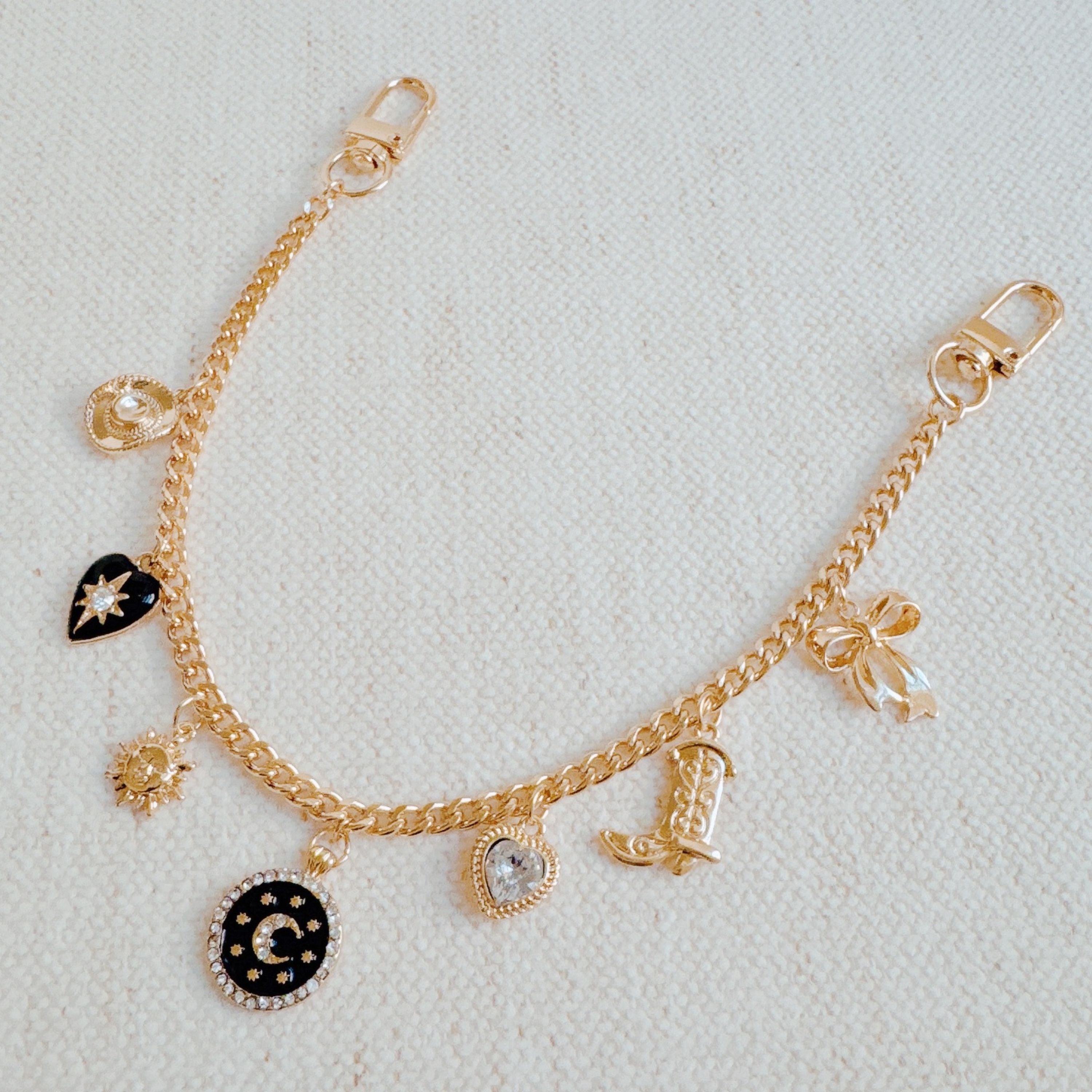 Heart Boot Bow Multi Charm Bag Charm - heart boot and bow charms in gold and black