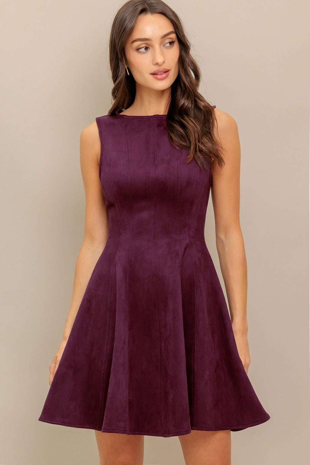 Wine In The Sun burgundy faux suede sleeveless mini dress, front view