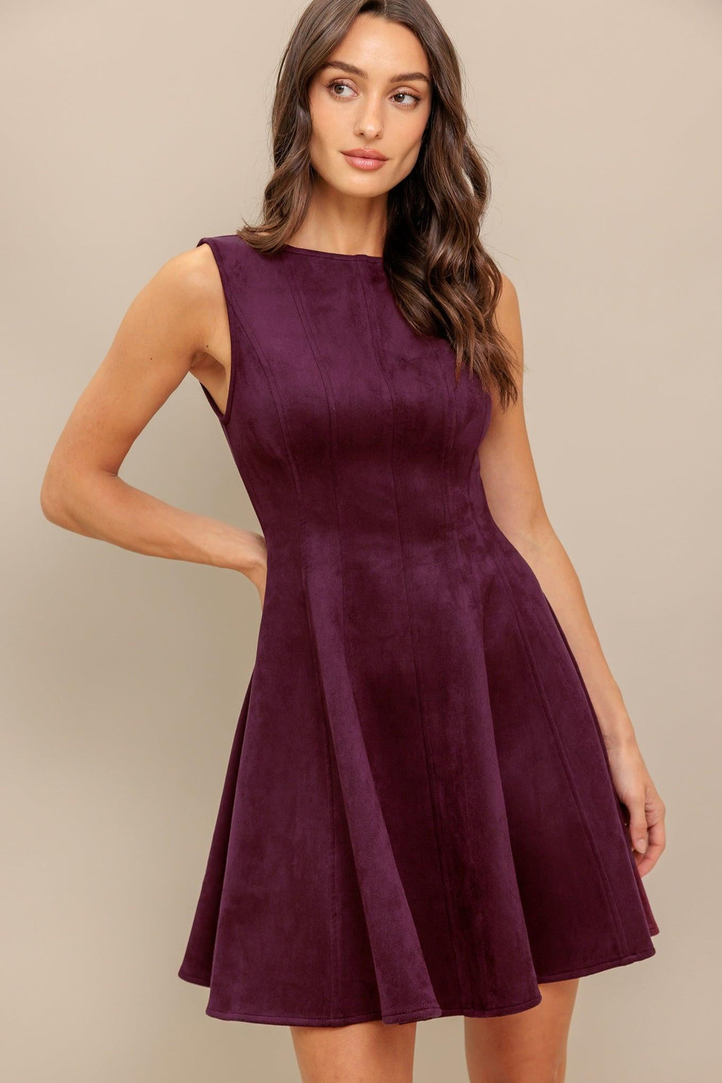 Wine In The Sun burgundy faux suede mini dress, view 7