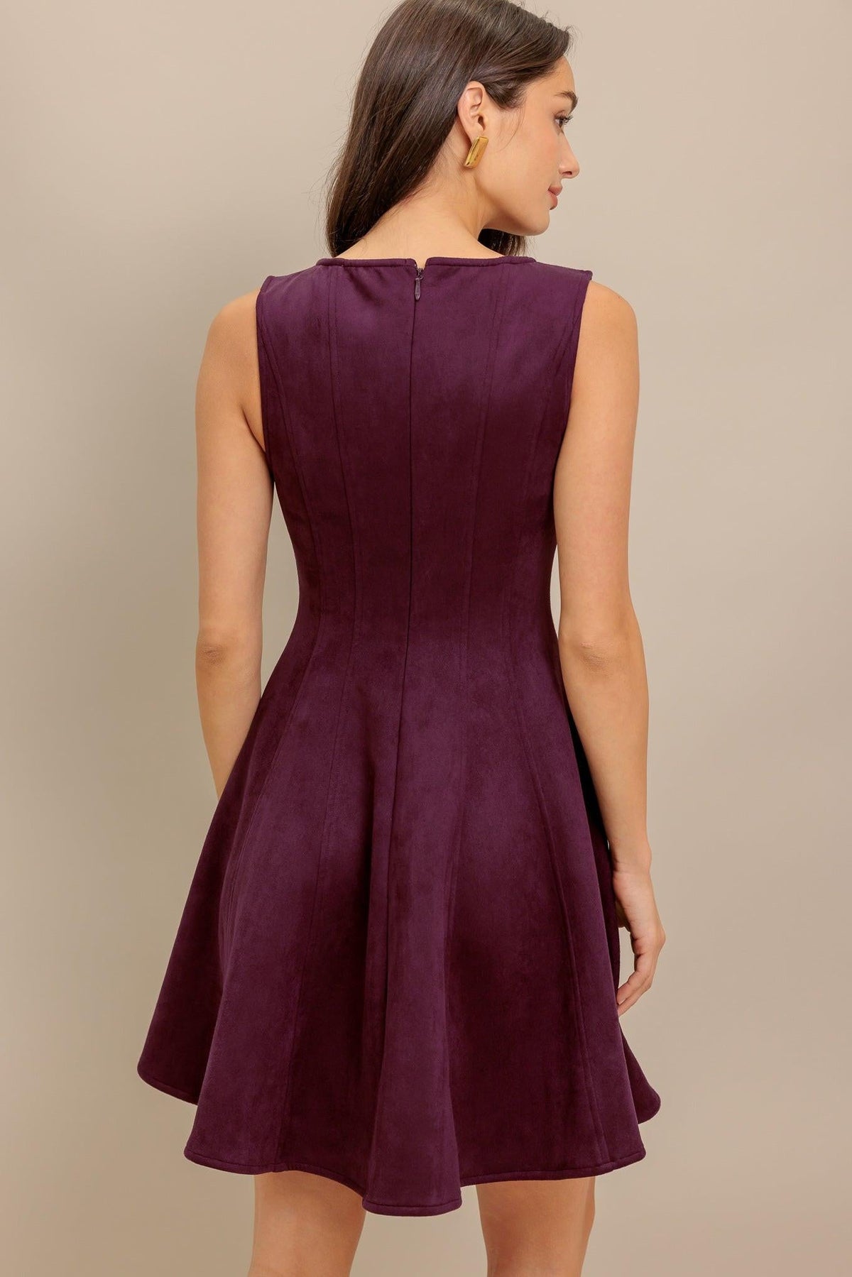 Wine In The Sun burgundy faux suede mini dress, back zipper view