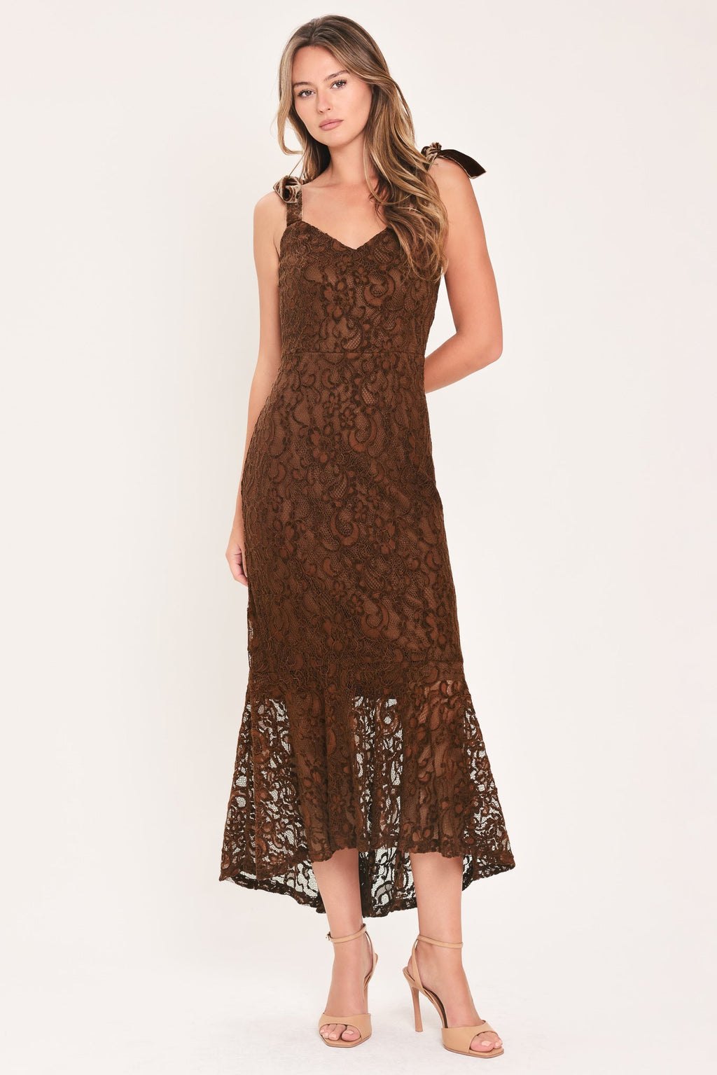 Autumn Romance Chestnut Lace Tie-Strap Midi Dress - front view