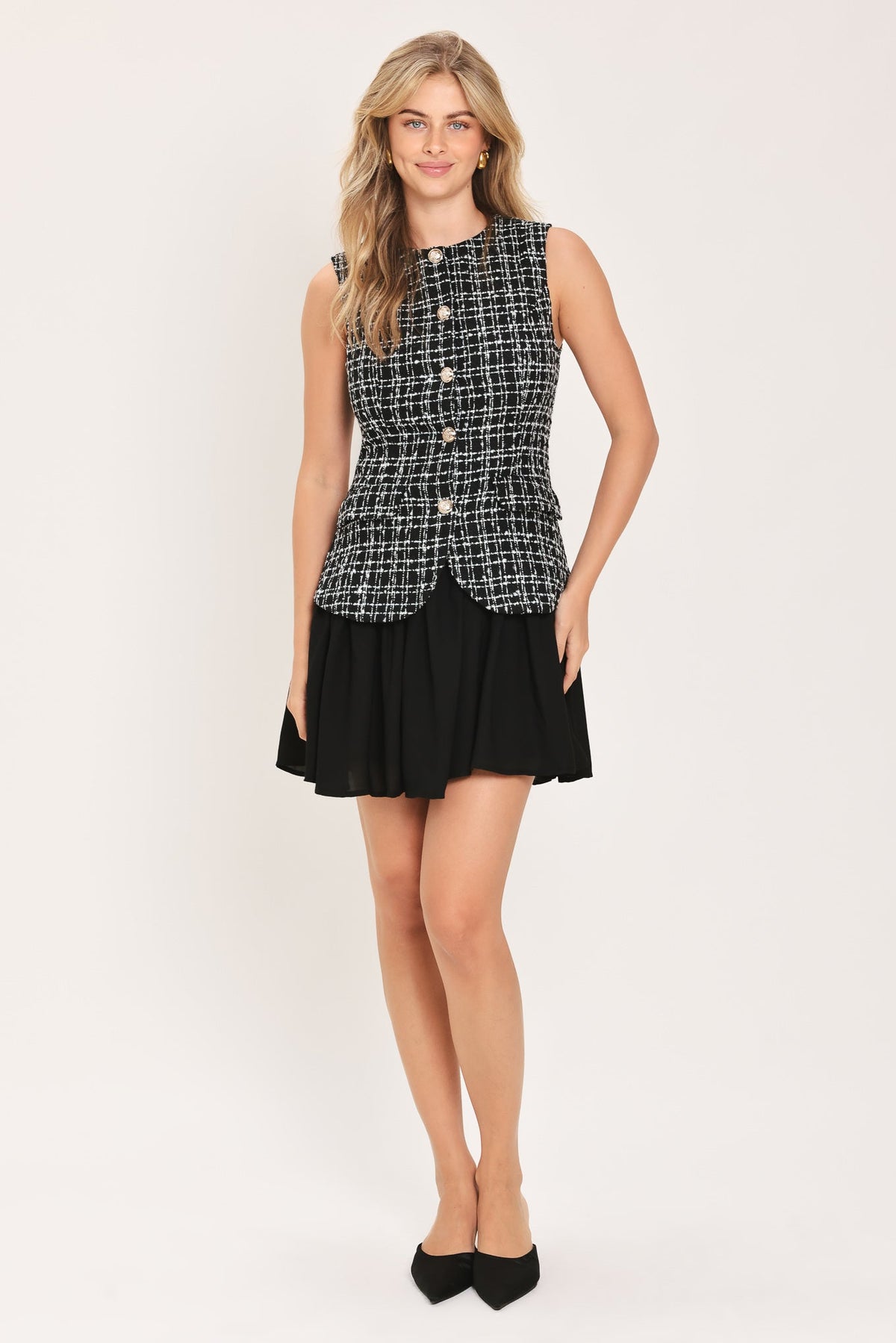 Tweed Button Front Mini Dress in black, detail view