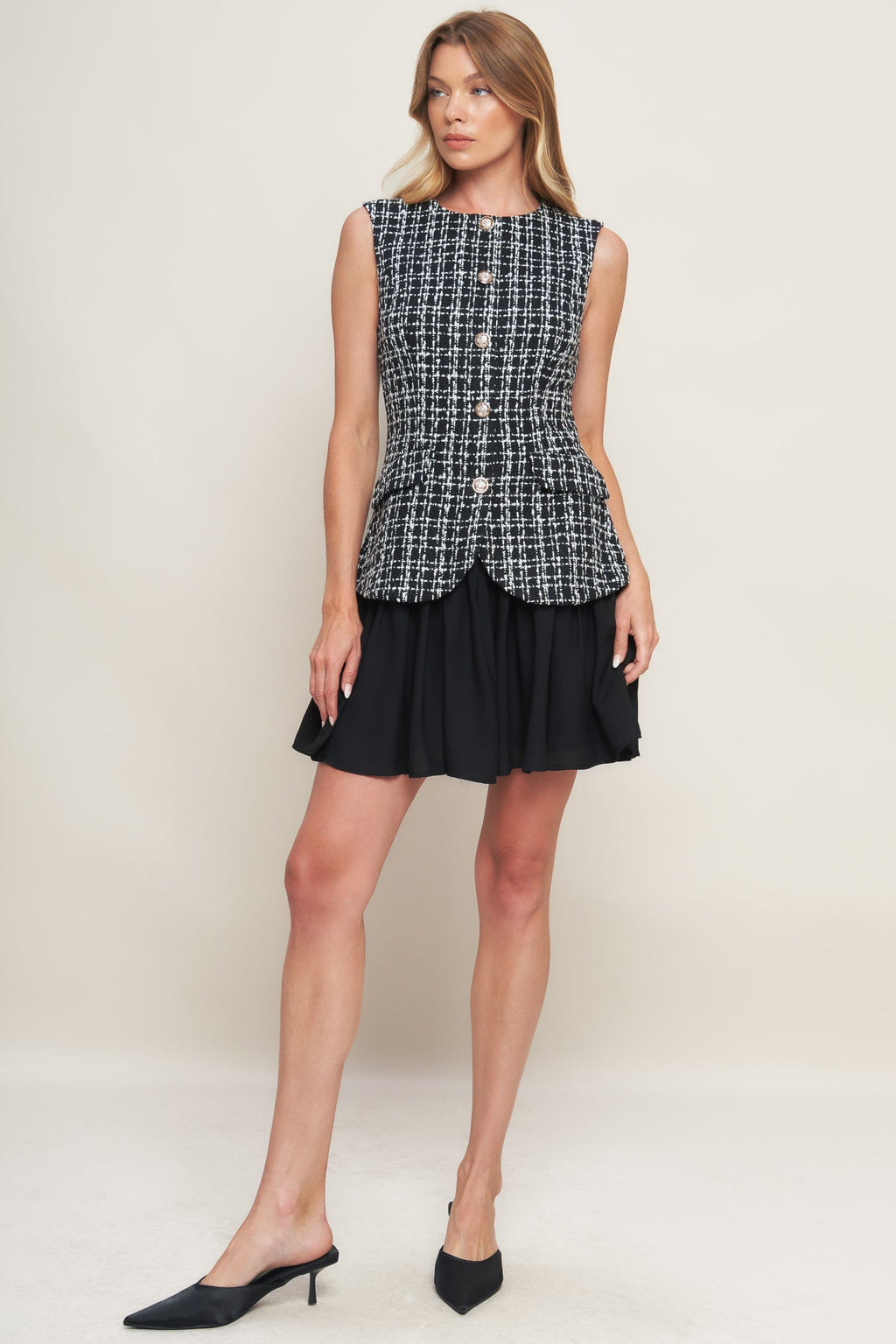 Tweed Button Front Mini Dress in black, side view