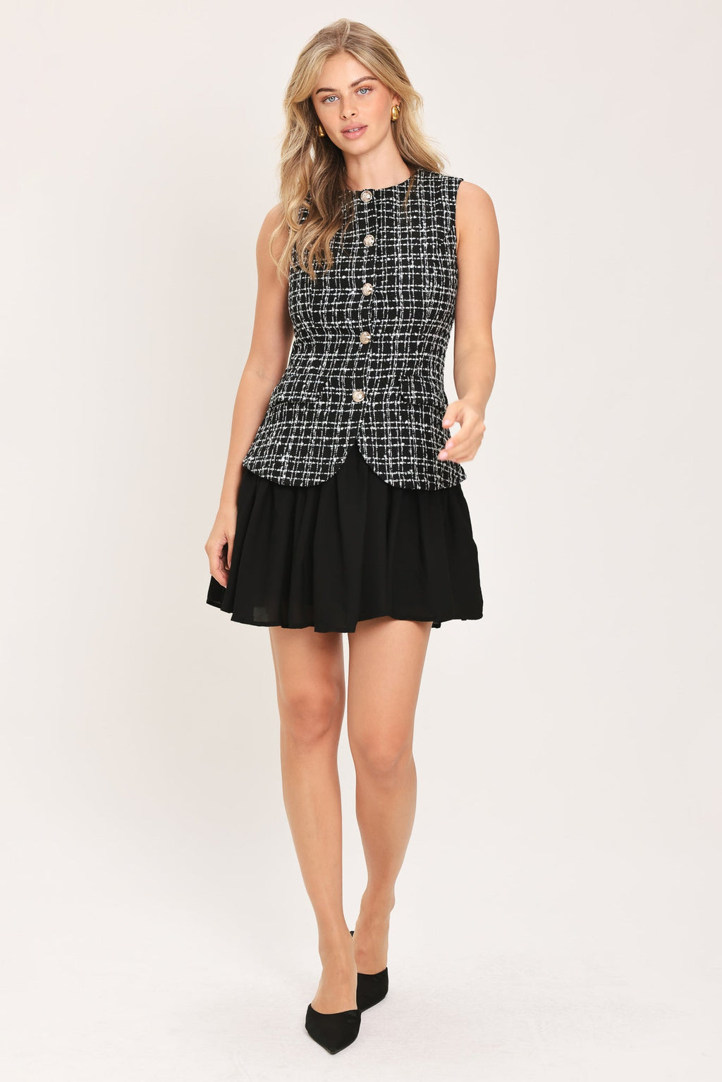 Tweed Button Front Mini Dress in black, back view