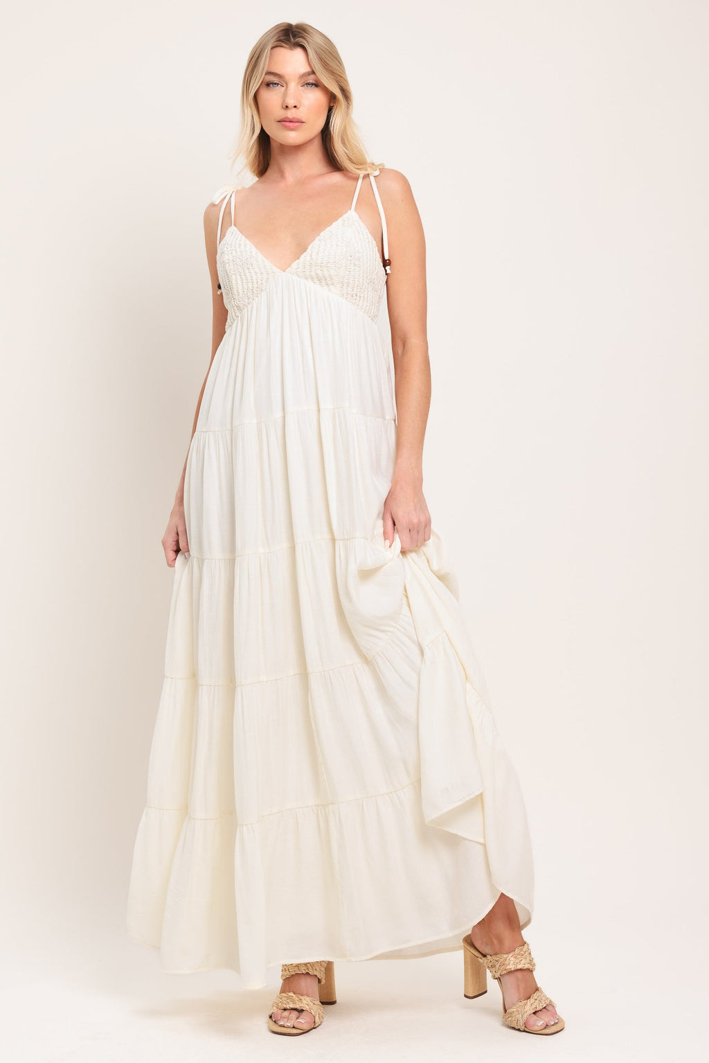 Azure Reverie Woven Maxi Dress in Cream - front view showing lace bodice and maxi silhouette